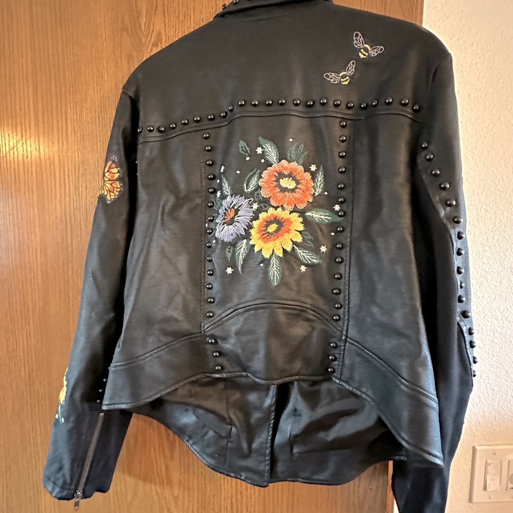 Torrid size one embroidered faux leather jacket with black rounded studs